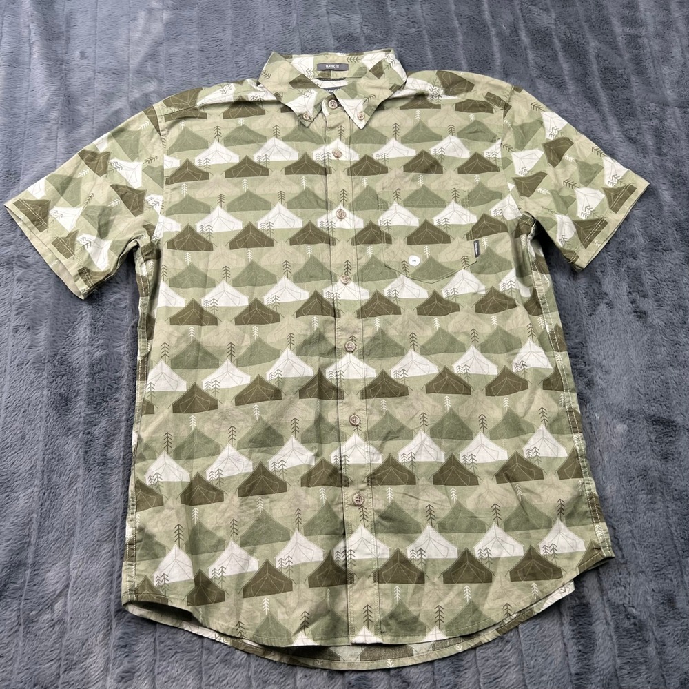 Eddie Bauer Mens Baja Shirt Green Tent Camping Print Cotton SS Button Down M NEW